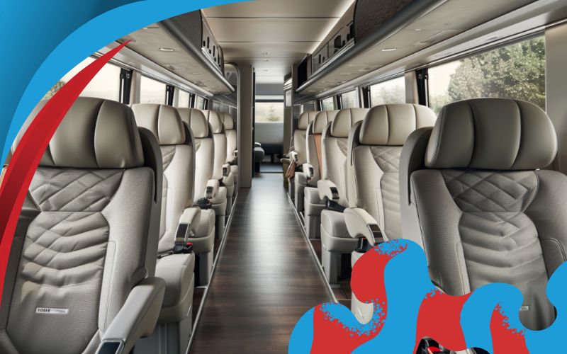 Coach interior with reclining seats and onboard amenities, UK Coach Travel, May 2024, the United Kingdom